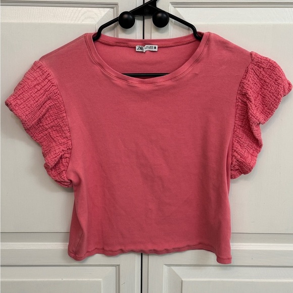 Zara Pink Ruffle Sleeve Crop Top Size L - Picture 1 of 5